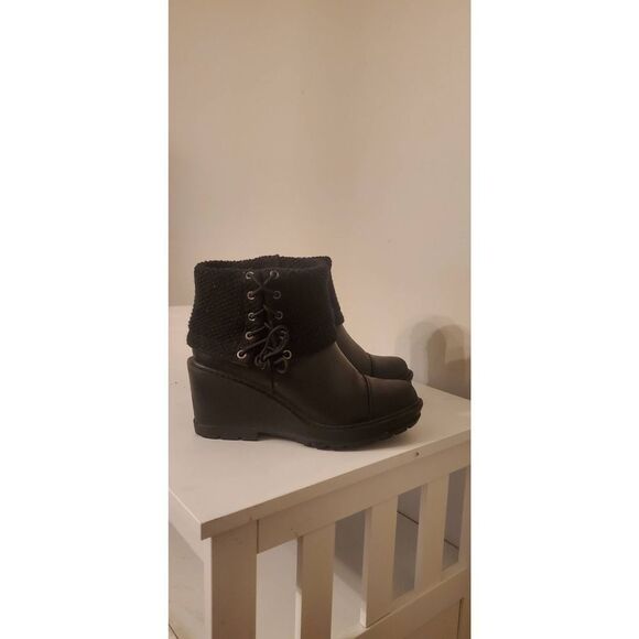 TIMBERLAND Kelli's Black Leather Mid Fold Down Wedge Boots Size 8.5 - Picture 2 of 10